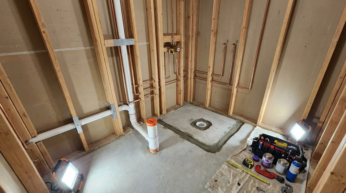 Bathroom rough-in plumbing during remodel by Johns Plumbing LLC in Armona