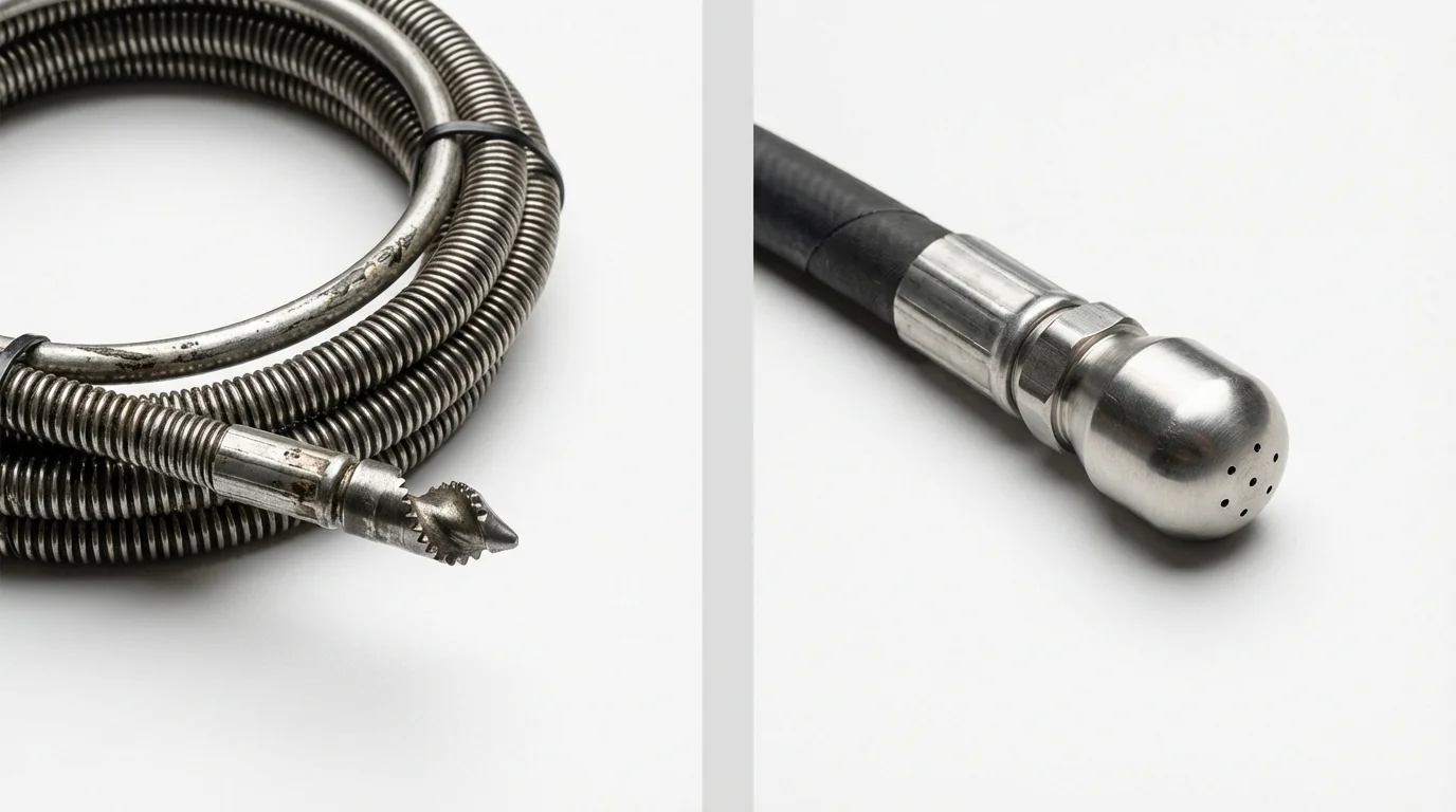 Drain snake cable and hydro jetting nozzle used for drain cleaning in Armona, CA