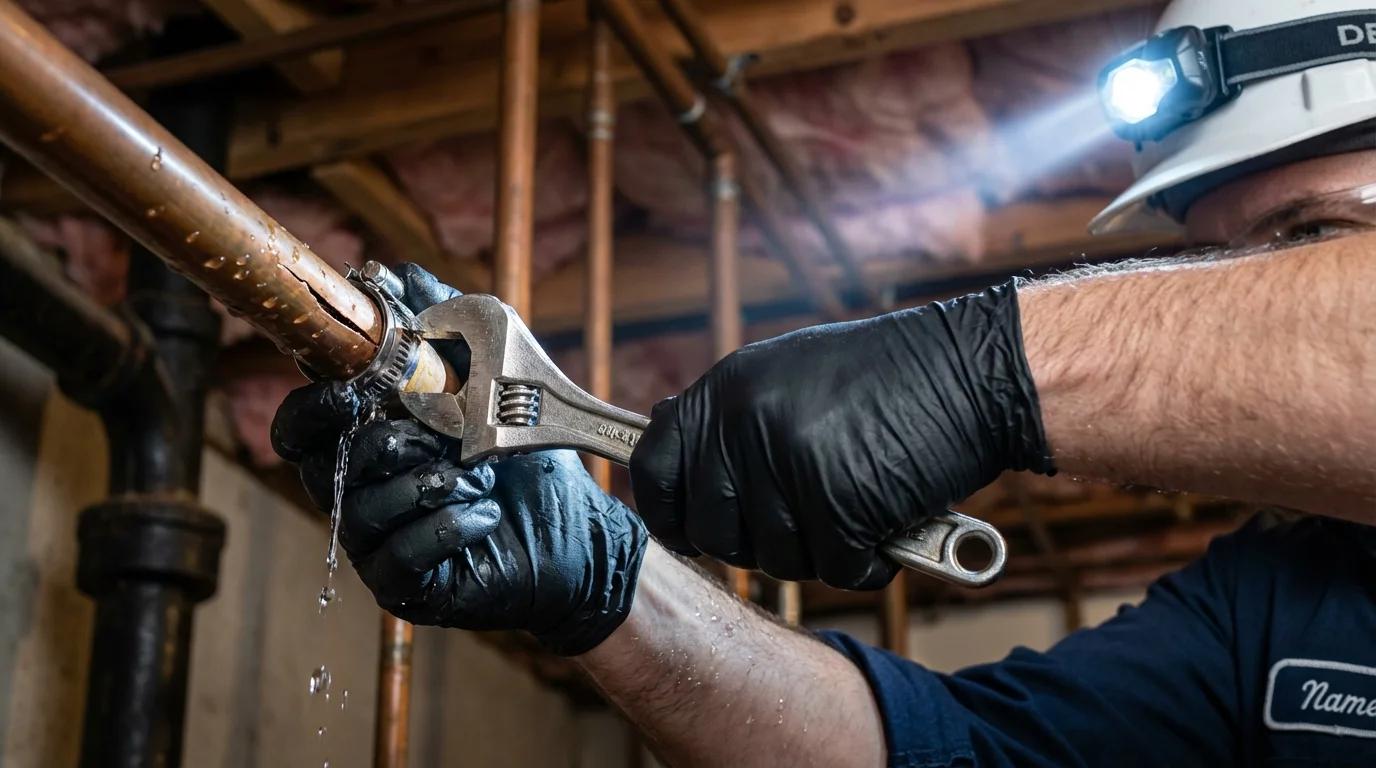 Emergency pipe clamp repair being performed by a Johns Plumbing LLC plumber in Armona