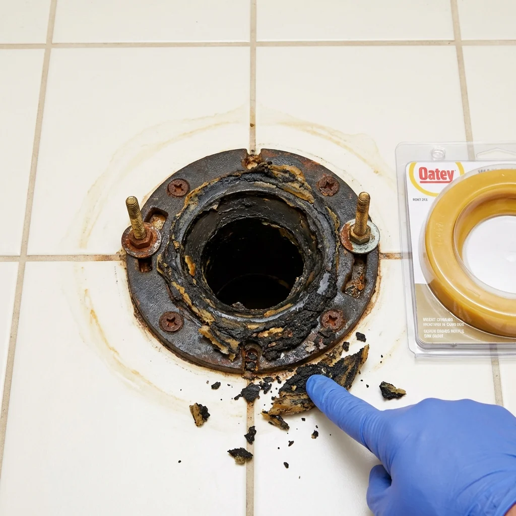 Failed wax ring showing water seepage at the base of a toilet in a Armona, CA home