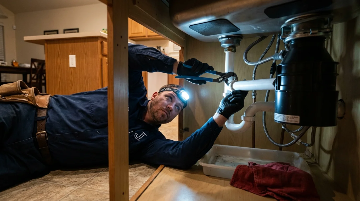 P-trap and supply line connections under a kitchen sink showing a common leak point in Armona, CA